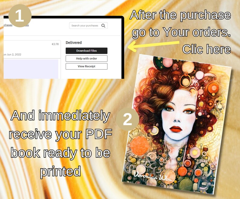 May include: An artistic illustration of a woman with red lips and curly red hair, surrounded by colorful orbs and geometric shapes. The image is labeled "Veronica Won". Instructions are provided to download a PDF book after purchase.
