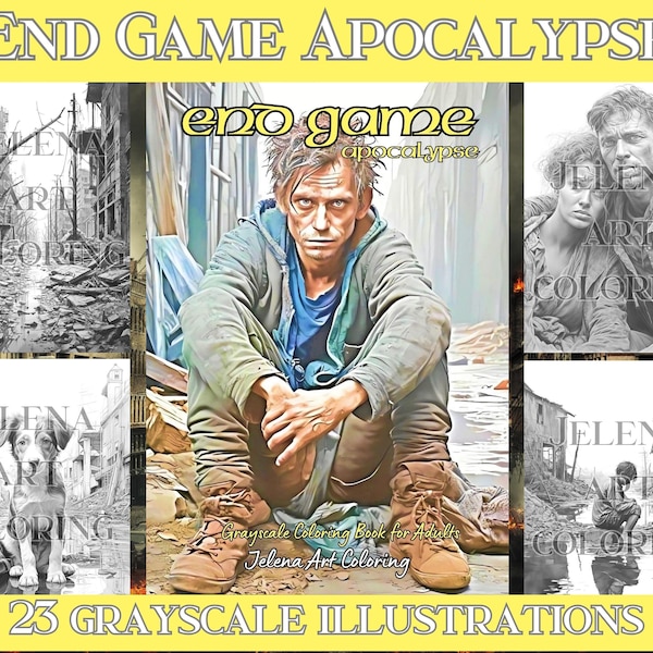 Grayscale coloring book "End game Apocalypse". 23 coloring pages of Desolate Landscapes and Weary Souls. A4 Instant Download.