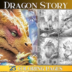 Grayscale dragon coloring book, a fantastic coloring book for adults. instant download of a PDF of 25 dragon coloring pages. dragon art