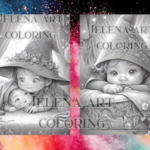 May include: Black and white coloring page featuring two children, one wearing a witch hat and the other wearing a pointed hat. The text "JELENA ART COLORING" appears at the top of the page.