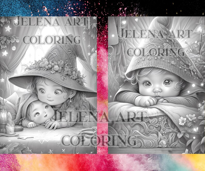 May include: Black and white coloring page featuring two children, one wearing a witch hat and the other wearing a pointed hat. The text "JELENA ART COLORING" appears at the top of the page.