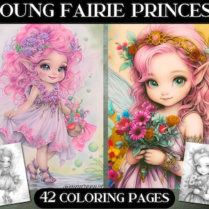 May include: Two coloring pages featuring a young fairy princess with pink hair and wings. The princess on the left is holding a basket of flowers and the princess on the right is holding a bouquet of flowers. Both princesses are wearing floral crowns and have large, expressive eyes. The text "42 Coloring Pages" is at the bottom of the image.