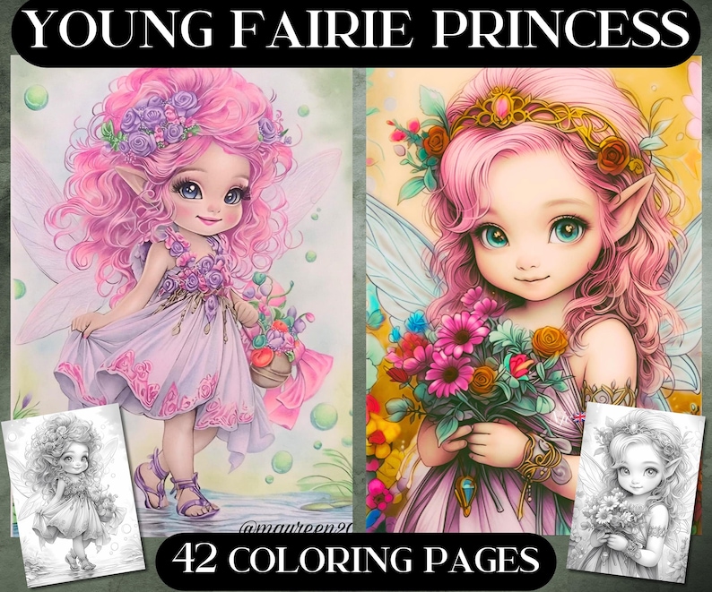 May include: Two coloring pages featuring a young fairy princess with pink hair and wings. The princess on the left is holding a basket of flowers and the princess on the right is holding a bouquet of flowers. Both princesses are wearing floral crowns and have large, expressive eyes. The text "42 Coloring Pages" is at the bottom of the image.