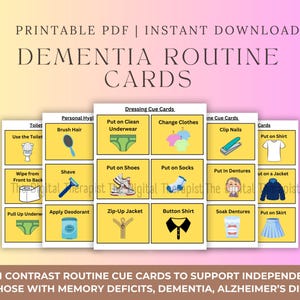 May include: Printable dementia routine cue cards featuring high-contrast images and text. The cards cover personal hygiene and dressing, including putting on clothes, shoes, and underwear. Designed to support independence for those with memory deficits, dementia, and Alzheimer's disease.