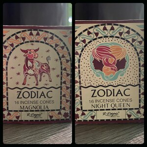 May include: Two boxes of Zodiac incense cones. The box on the left features a red and gold bull with the text "Zodiac 16 Incense Cones Magnolia R-Expo Since 1932". The box on the right features a red and gold image of Gemini with the text "Zodiac 16 Incense Cones Night Queen R-Expo Since 1932".