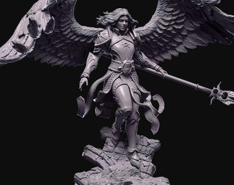 May include: A detailed gray figurine of a female angel with large feathered wings, armor, and a staff. The angel stands on a rocky base, with intricate details in the sculpture.