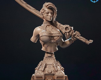 Cyberpunk Woman with Sword Bust with Display Stand | Fantasy Collector's Bust | 3D Printed Resin Model | Painter's Display Piece