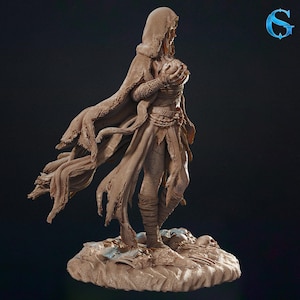 May include: A detailed brown figurine of a robed figure holding a sphere, standing on a rocky base with skulls. The figure wears a hooded cloak and tattered clothing, with intricate details in the design.