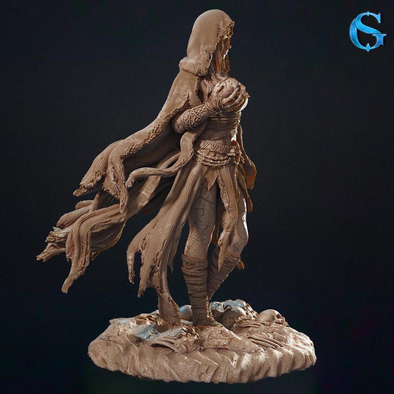 May include: A detailed brown figurine of a robed figure holding a sphere, standing on a rocky base with skulls. The figure wears a hooded cloak and tattered clothing, with intricate details in the design.