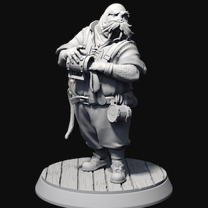 May include: A grayscale 3D-printed figurine of a stout, bearded character in a detailed outfit. The figure stands on a wooden platform, holding a cylindrical object. The character has a stern expression and is wearing a vest, pants, and boots.