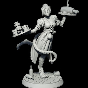 May include: A detailed, grayscale figurine of a humanoid lioness in a server's outfit, balancing trays of food and drink. The figure is posed dynamically, with a tail curled behind her. The base includes a wooden plank design, with bottles and a barrel.