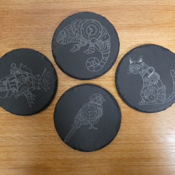 Steam Punk Animals Coasters | Set of 4 | Piranha, Chameleon, Cat, Bird  | Laser Engraved