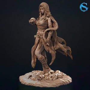 May include: A detailed sculpture of a robed figure holding a skull. The figure is wearing a hooded cloak and tattered clothing. The sculpture is on a base with skulls. The color is a muted brown.