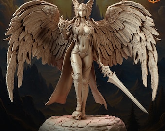 May include: A detailed sculpture of a winged figure, holding a sphere and a sword. The figure is clad in armor and stands on a stone base with a skull. The wings are large and detailed. The sculpture is in a neutral color.