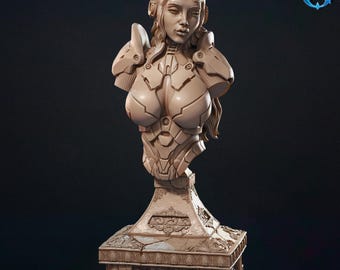 Cyborg Woman Bust with Display Stand | Fantasy Collector's Bust | 3D Printed Resin Model | Painter's Display Piece