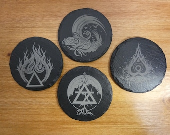 Four Elements of Nature Slate Coasters Set 2 | Set of 4 | Laser Engraved