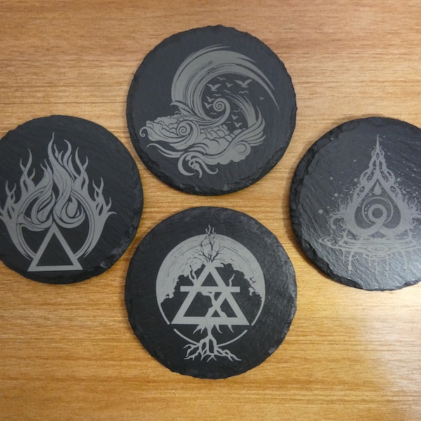 Four Elements of Nature Slate Coasters Set 2 | Set of 4 | Laser Engraved