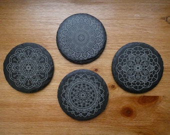 Flower Mandala Slate Coasters | Set of 4 | Laser Engraved