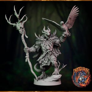 May include: A detailed figurine of a dragon-like creature holding a staff topped with antlers and an eagle. The figure is grey with intricate details, including armour and a tail. The base is a light grey colour. The image has a Painted or Not logo.