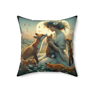 The Lady Holding the Foxes by Tambrey Jolenia Spun Polyester Square Pillow