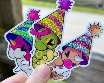 Party Worm Glitter Vinyl Stickers | Holographic Glossy Waterproof