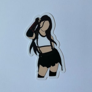 May include: A black and white sticker of a female character with long black hair, wearing a white tank top, black skirt, and black boots. The character is holding her hair with one hand and has a serious expression.