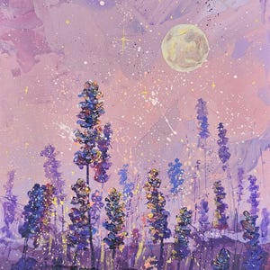 Lavender Flower Painting Original Starry Sky Art Impasto Acrylic ...