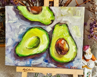 アボカドの油絵 アボカド油絵、アボカド静物画、8x8インチキャンバス、小さな