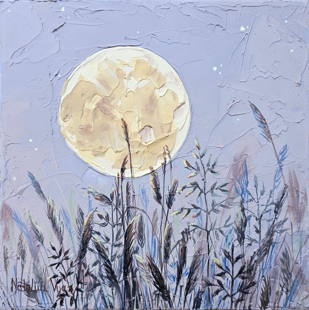 Moon Art Landscape Painting Original Botanical Art Impasto Acrylic ...