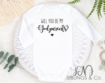 Will you be my Godparents / Baby bodysuit / funny bodysuit / Christening gift/ baby pregnancy announcement/ Baby shower gift/ baby gift LONG