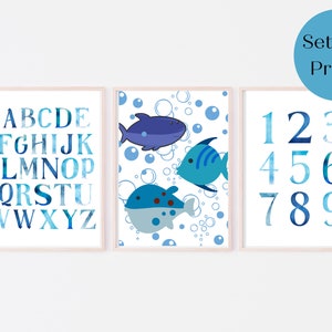 Alphabet Poster | Sea Life Nursery Wall Art | Watercolor Alphabet Poster | Number Poster | ABC Poster | ABC Poster Kids | 3 Panel Wall Art