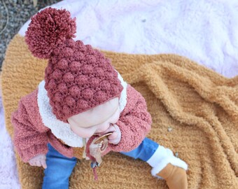 The Perry Bobbled Pixie Bonnet, Bonnet Newborn to Toddler, Baby Shower Gift, Neutral Baby Bonnet, Modern Baby Bonnet, Pom Pom Baby Bonnet