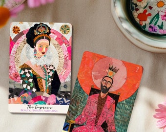 May include: Two tarot cards, "The Empress" and "The Emperor", with colorful illustrations. The Empress card features a woman with a crown and a colorful dress. The Emperor card features a man with a crown and a beard, sitting on a throne.