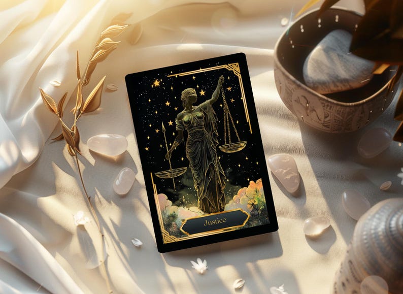 May include: A tarot card featuring the Justice card with a celestial background and a golden-colored illustration of a woman holding scales. The card is set against a backdrop of white fabric, with rose quartz crystals and a decorative bowl.