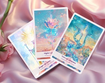 May include: Three tarot cards with a pastel pink, blue, and yellow color scheme. The cards are laid out on a pink satin fabric. The cards are "Eight of Swords", "Page of Wands", and "Ten of Wands".