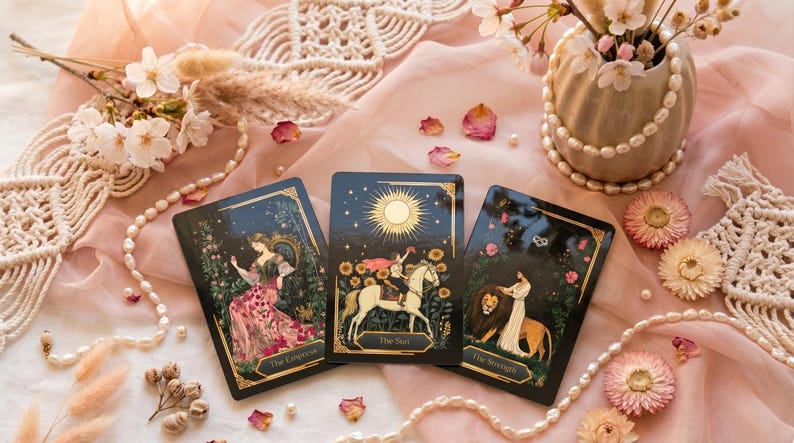 May include: Three tarot cards with gold trim and illustrations of figures and symbols are displayed on a pink cloth. The cards are labeled "The Empress", "The Sun", and "The Strength". Decorative elements include flowers, pearls, and macrame.
