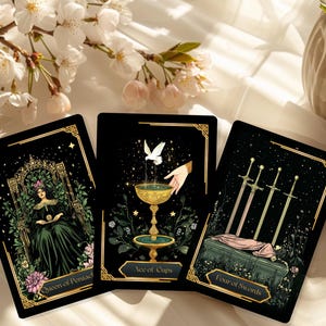 May include: Three tarot cards with black backgrounds and gold borders are displayed. The cards feature detailed illustrations of a queen, a fountain, and four swords. The cards are labeled "Queen of Pentacles", "Ace of Cups", and "Four of Swords".