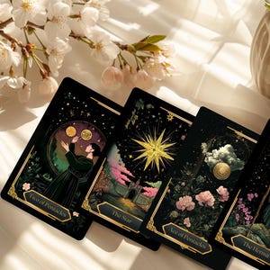 May include: Four tarot cards with black backgrounds and gold accents are displayed. Each card features unique illustrations and titles: "Two of Pentacles," "The Star," "Ace of Pentacles," and "The Hermit." Cherry blossoms and a vase are in the background.