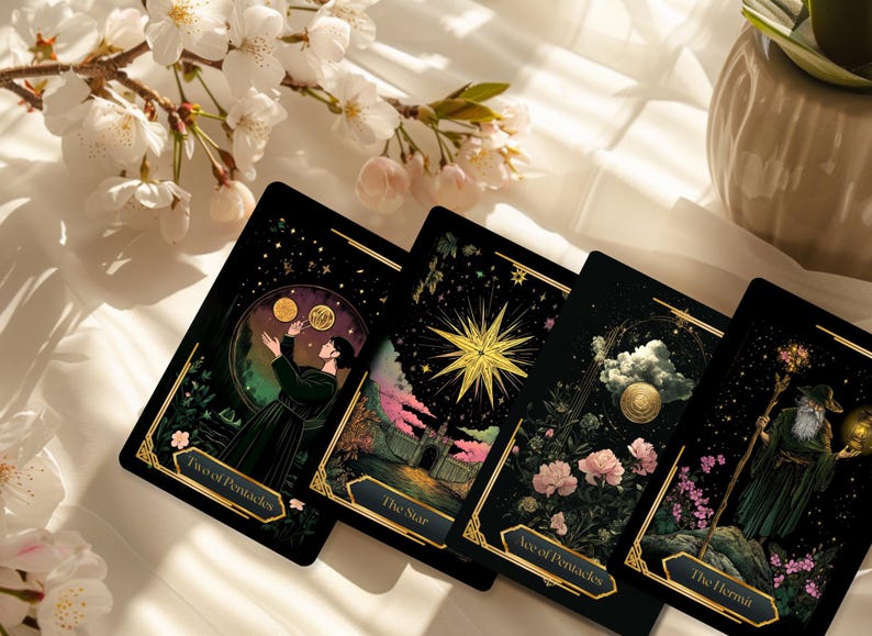May include: Four tarot cards with black backgrounds and gold accents are displayed. Each card features unique illustrations and titles: "Two of Pentacles," "The Star," "Ace of Pentacles," and "The Hermit." Cherry blossoms and a vase are in the background.