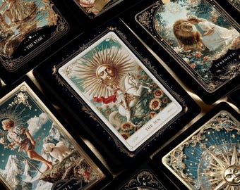 Baraja de Tarot SunSecrets – Elegante, dorada y negra, 78 cartas con guía