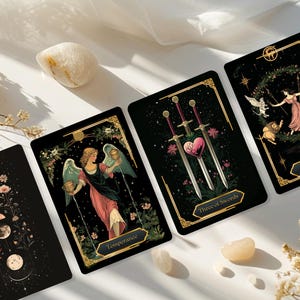 May include: Four tarot cards with black backgrounds and gold borders are displayed. The cards feature illustrations of angels, swords, and celestial bodies. Decorative elements include flowers and moons. Two small, light-colored stones and dried flowers are also present.