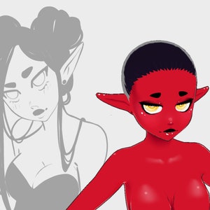 Puede incluir: Una ilustración digital de un personaje femenino de piel roja, orejas puntiagudas, cabello negro y ojos amarillos. Tiene una expresión seria en su rostro.