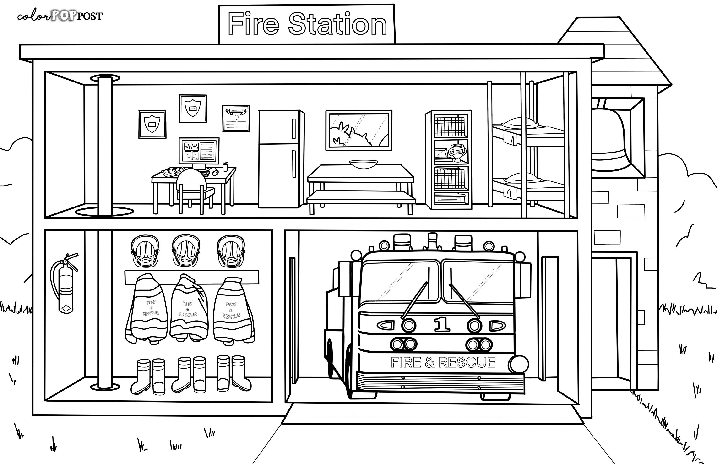 Giant Fire Station Coloring Poster/Instant Download