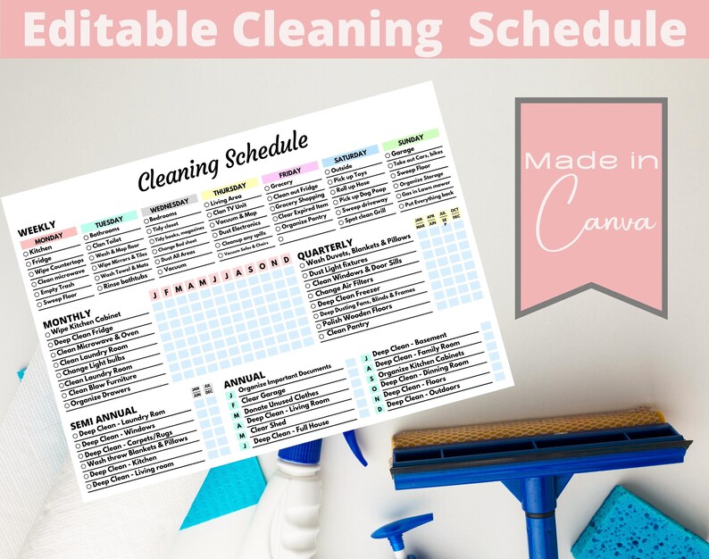 Editable Cleaning Schedule Printable Weekly Monthly Yearly Etsy
