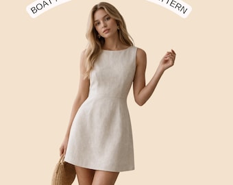 Boat Neck Dress Sewing Pattern,Linen Mini Dress Pattern,A Line Dress Pattern, Sleeveless Summer Dress PDF,Minimalist Dress, Size :US 2 to 30