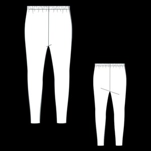 May include: Two white leggings with elastic waistbands are displayed against a black background. The leggings are shown in two sizes, with a larger pair on the left and a smaller pair on the right. The design is a simple, minimalist style.