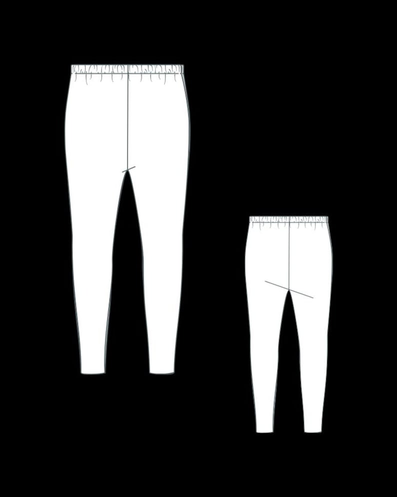 May include: Two white leggings with elastic waistbands are displayed against a black background. The leggings are shown in two sizes, with a larger pair on the left and a smaller pair on the right. The design is a simple, minimalist style.