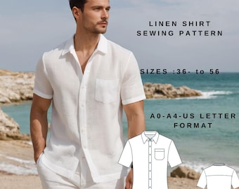 Patrón de costura para camisa de lino para hombre, patrón de camisa de verano con botones, camisa informal de manga corta (PDF, tallas 36-56, A4, A0, carta estadounidense)