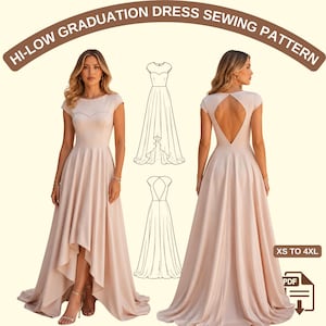 Peut inclure: Un patron de couture de robe de graduation asymétrique de couleur blush. L'image montre une femme portant la robe, un dessin au trait de la robe et le dos de la robe. Le patron est disponible en tailles XS à 4XL.