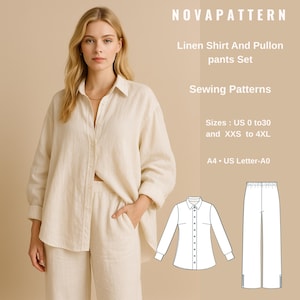Op de afbeelding: Een vrouw draagt een beige linnen shirt en broek. De afbeelding bevat de tekst "NOVAPATTERN" en "Linen Shirt And Pullon pants Set". De naaipatronen zijn verkrijgbaar in maten US 0 tot 30 en XXS tot 4XL.